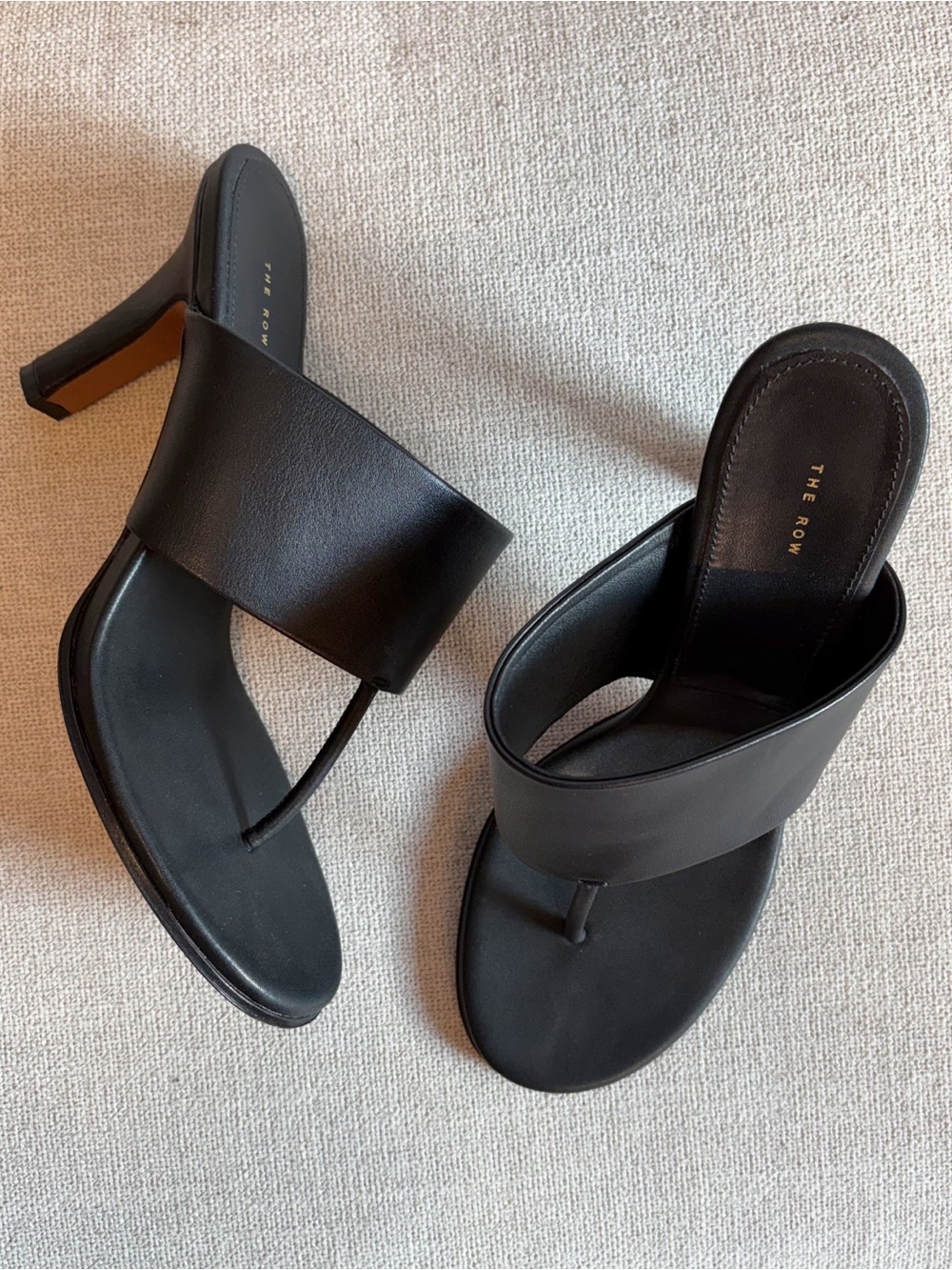 THE ROW Signum Black Leather Thong Slide Heeled Sandals